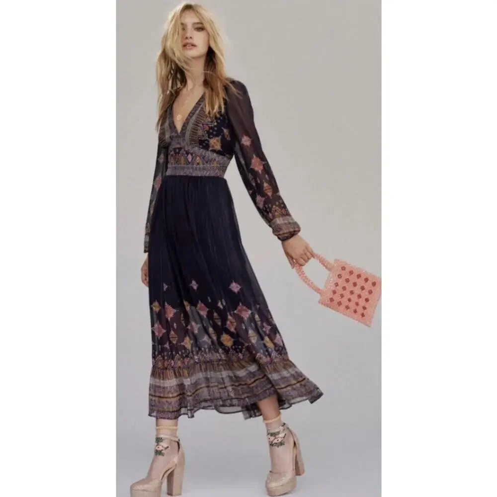 Free People Wishing Well Metallic Lurex Boho Printed Midi Dress Purple Sz Large - Picture 2 of 10